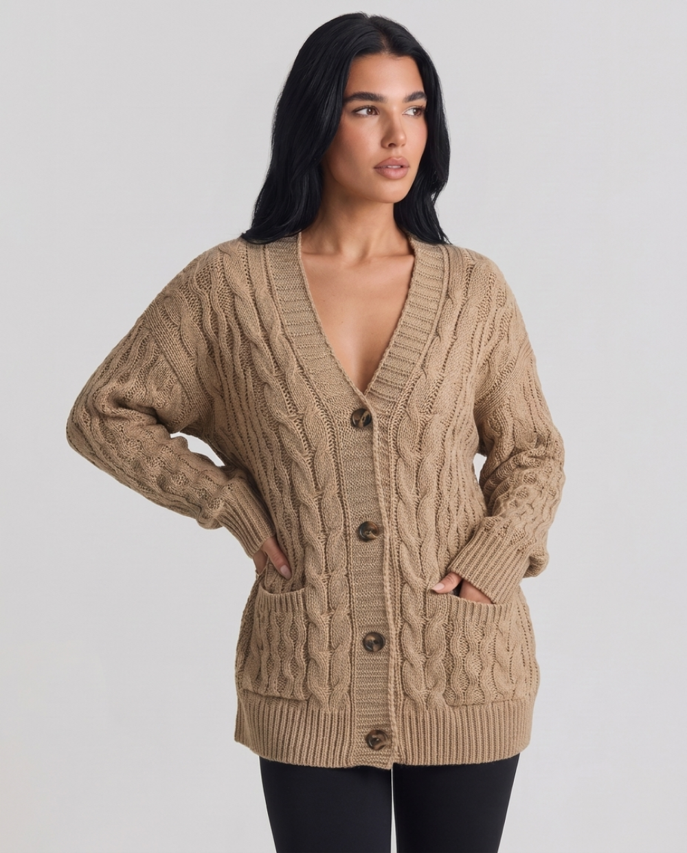 Ninon Valserre | Women's Oversized Cable Knit Cardigan Khaki