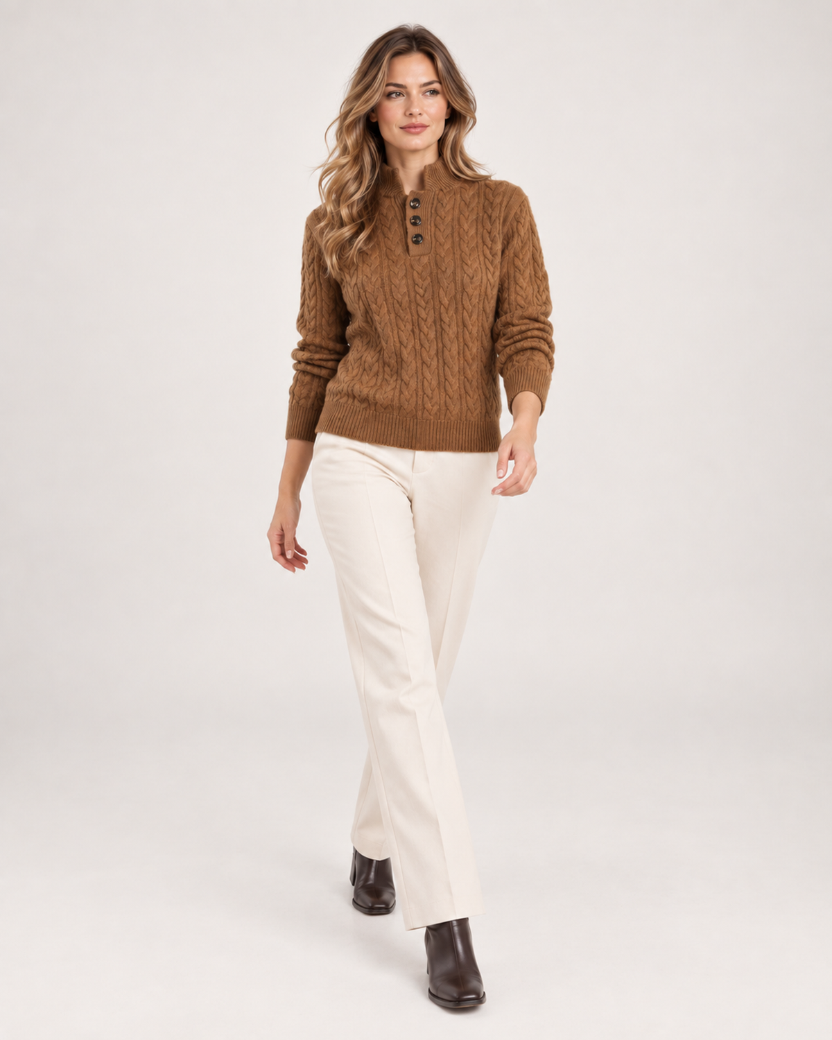 Chiara Altieri | Women’s Cable Knit Jumper with Stand Collar and Button Neck