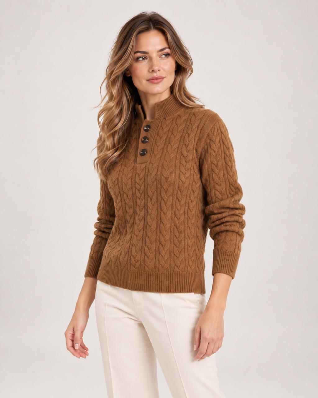 Chiara Altieri | Women’s Cable Knit Jumper with Stand Collar and Button Neck