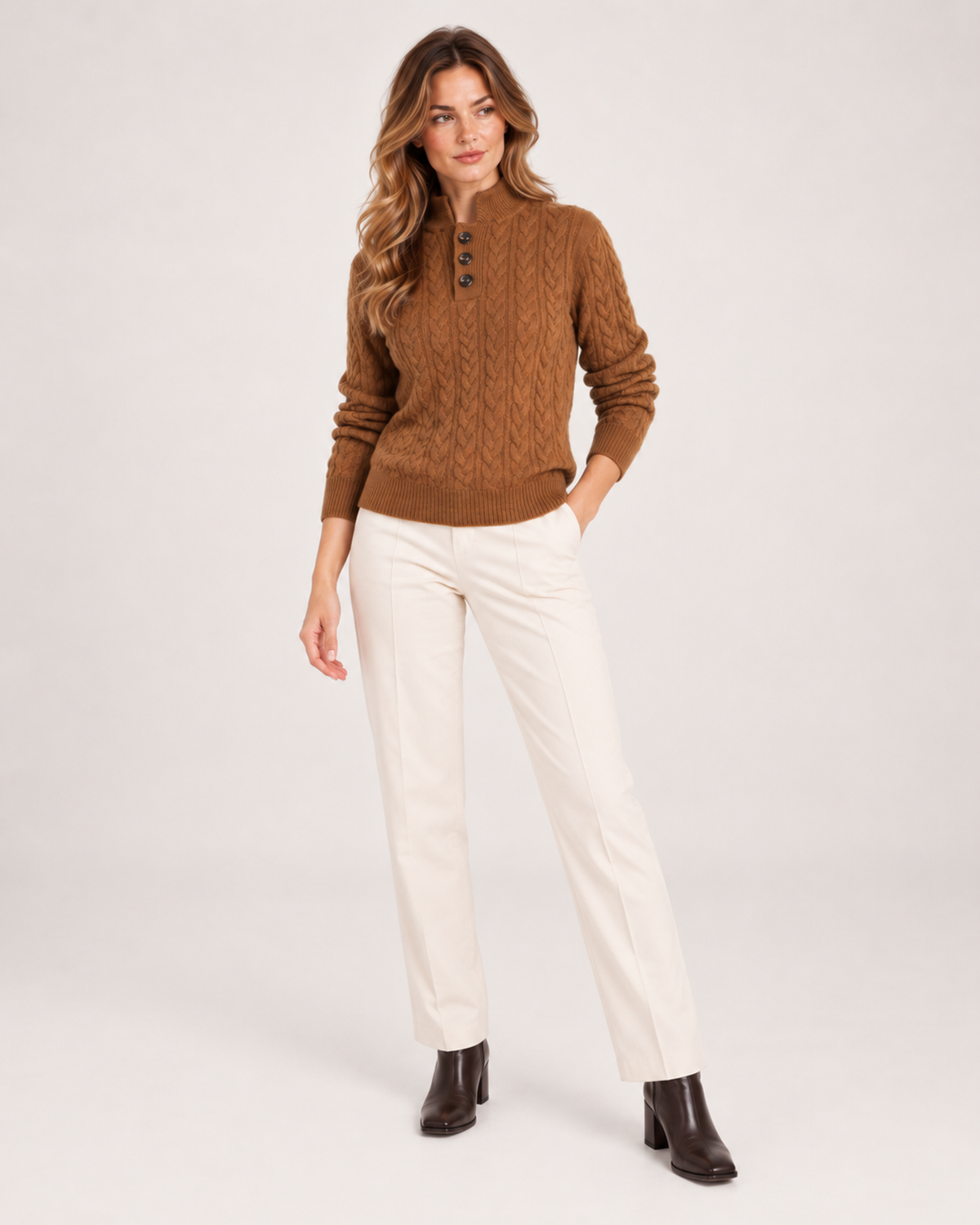 Chiara Altieri | Women’s Cable Knit Jumper with Stand Collar and Button Neck