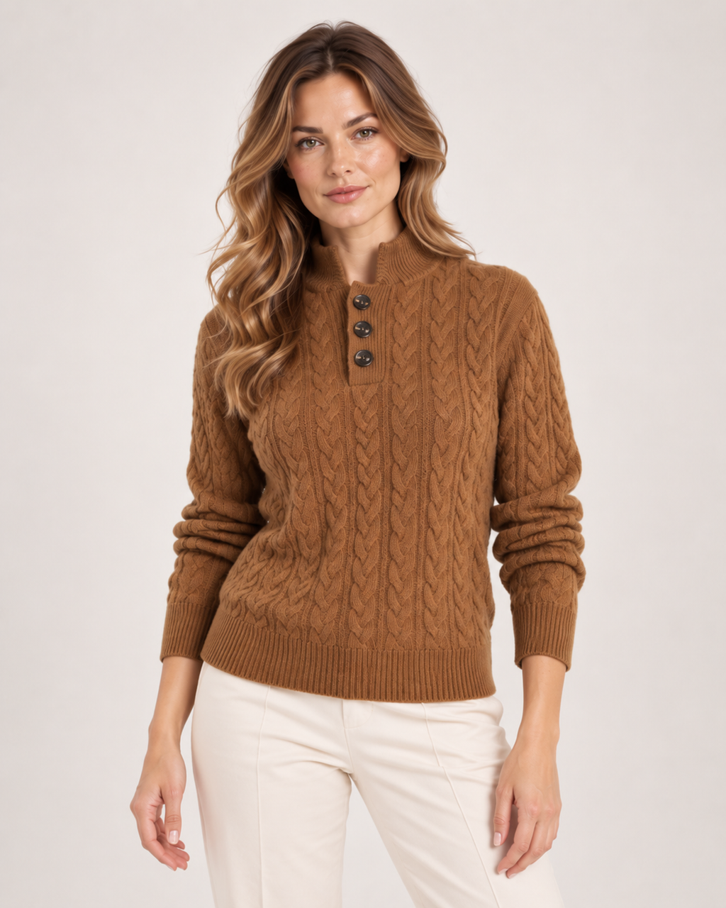 Chiara Altieri | Women’s Cable Knit Jumper with Stand Collar and Button Neck