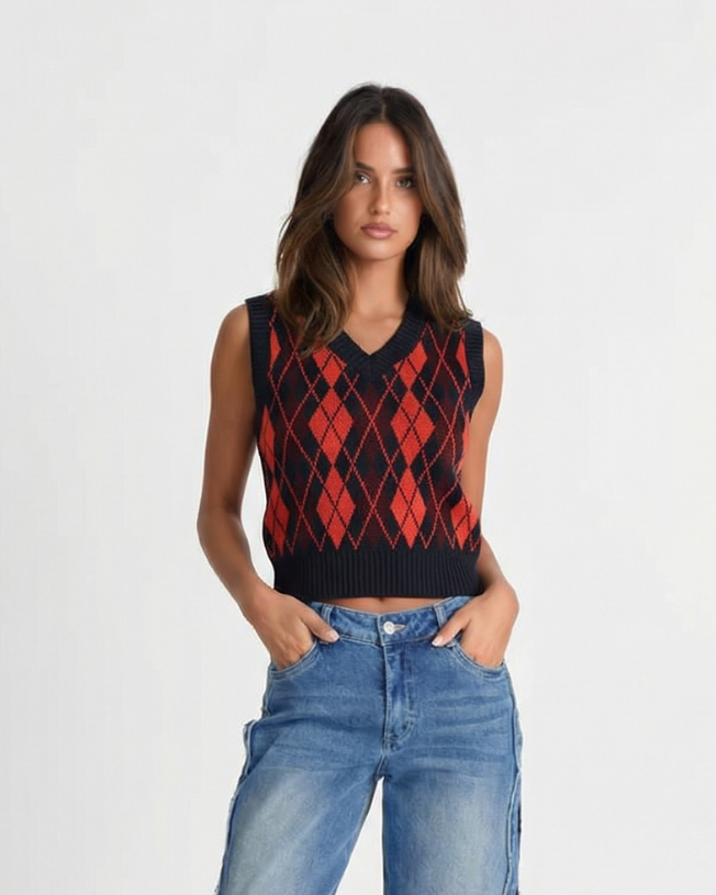 Rosalie Clairrose | Cropped Argyle Knit Vest