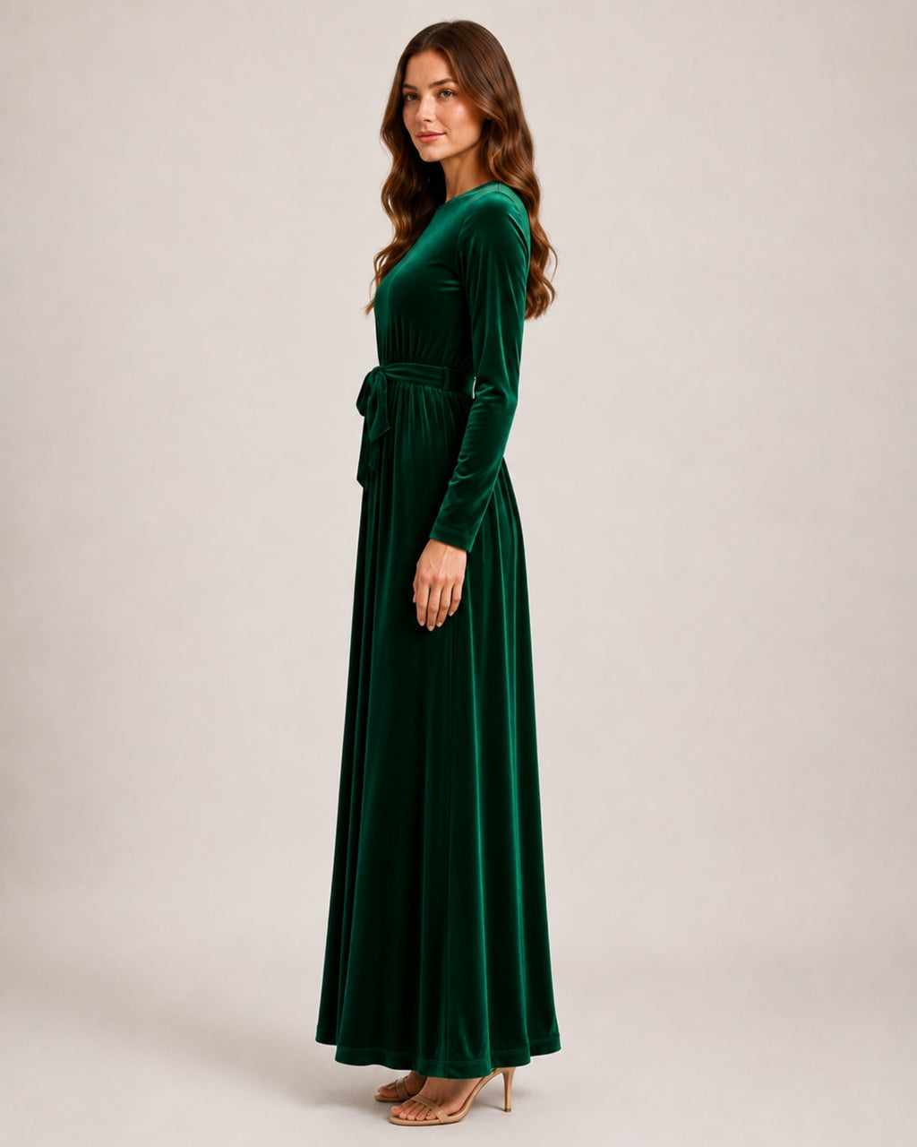 Marcella Varenza | Women's Velvet Maxi Dress Long Sleeve Belted Style
