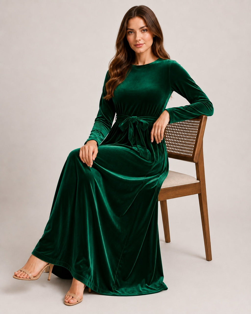 Marcella Varenza | Women's Velvet Maxi Dress Long Sleeve Belted Style
