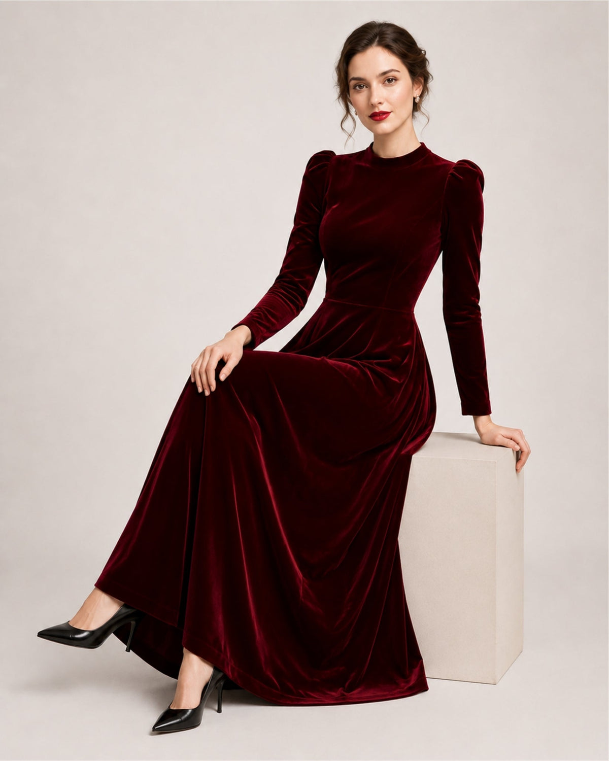 Ilaria Montavero | Women's Velvet Dress Midi Long Sleeve A Line Style