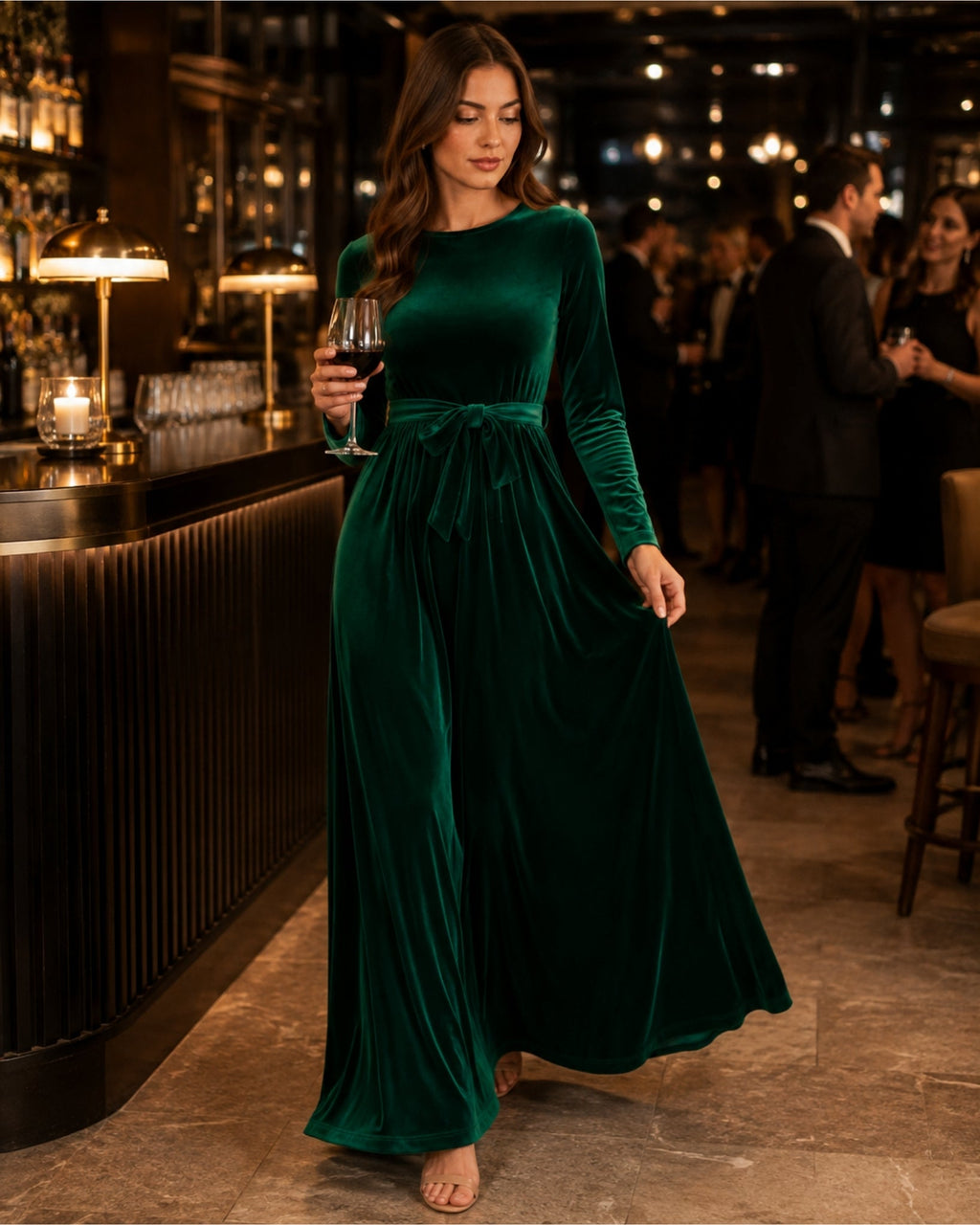 Marcella Varenza | Women's Velvet Maxi Dress Long Sleeve Belted Style