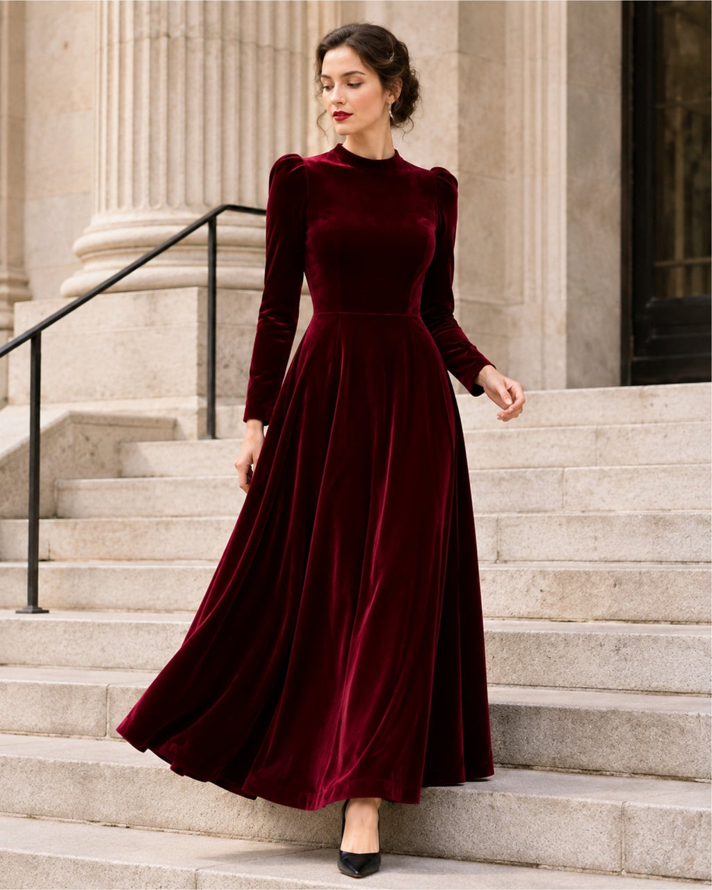 Ilaria Montavero | Women's Velvet Dress Midi Long Sleeve A Line Style