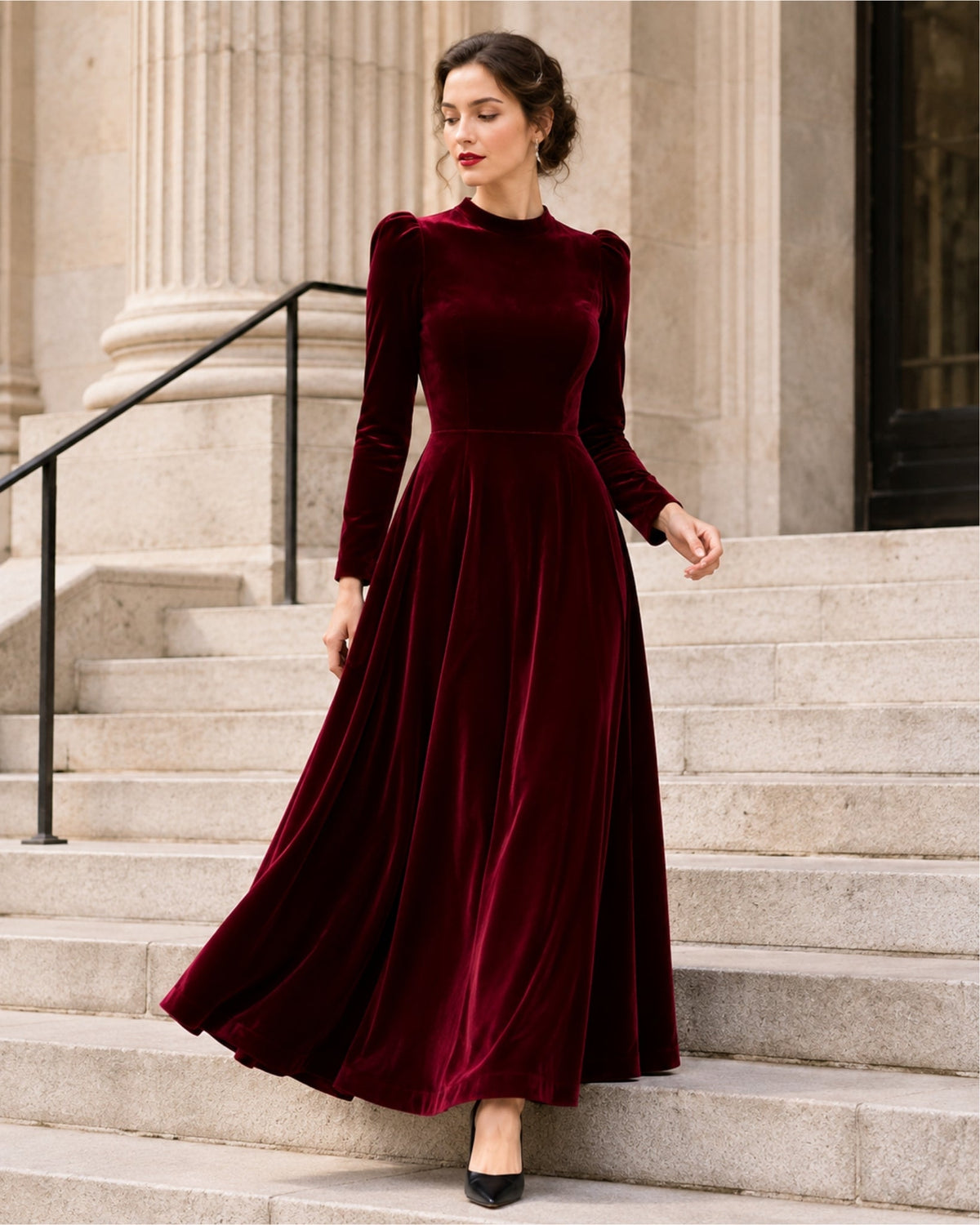 Ilaria Montavero | Women's Velvet Dress Midi Long Sleeve A Line Style