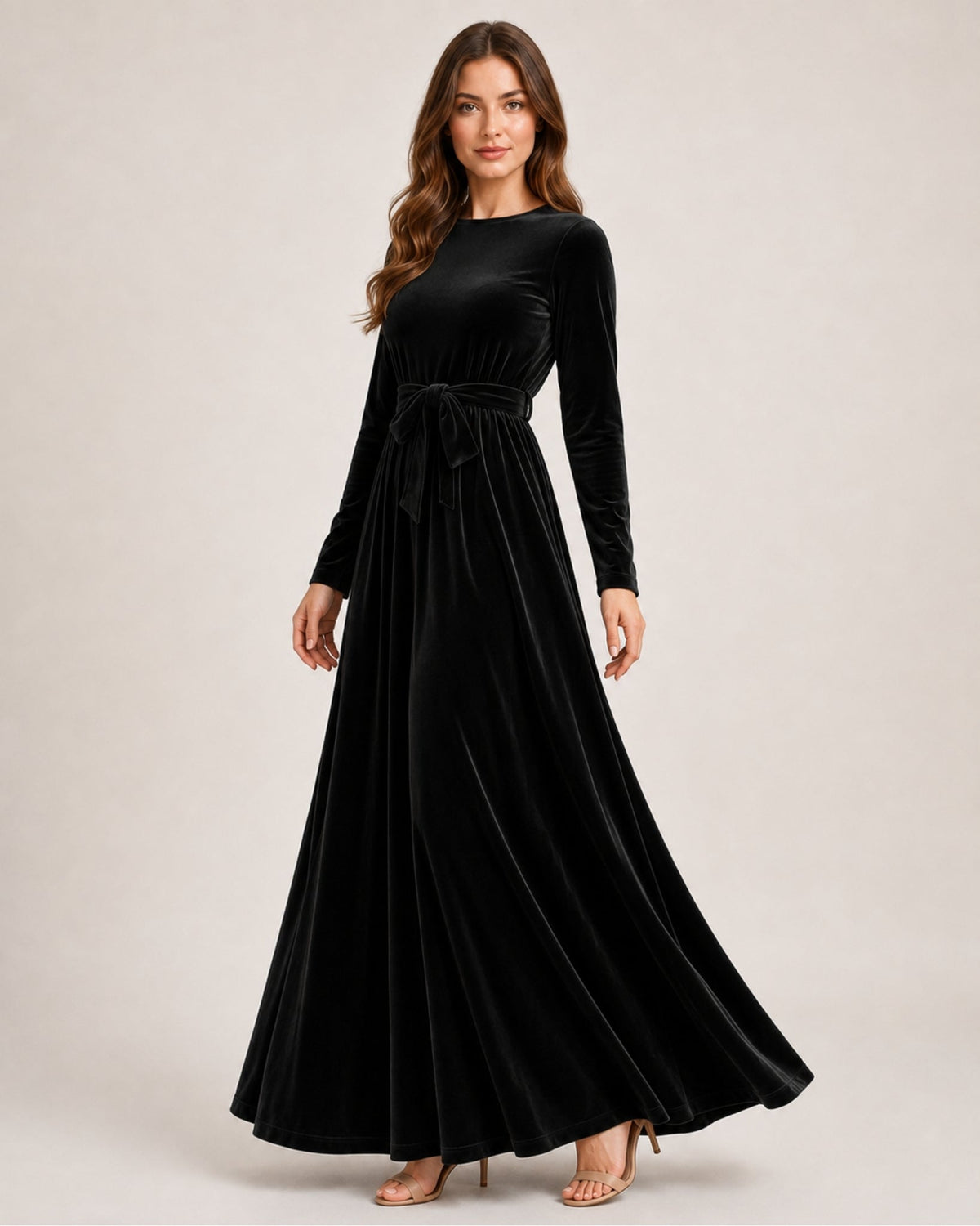 Marcella Varenza | Women's Velvet Maxi Dress Long Sleeve Belted Style
