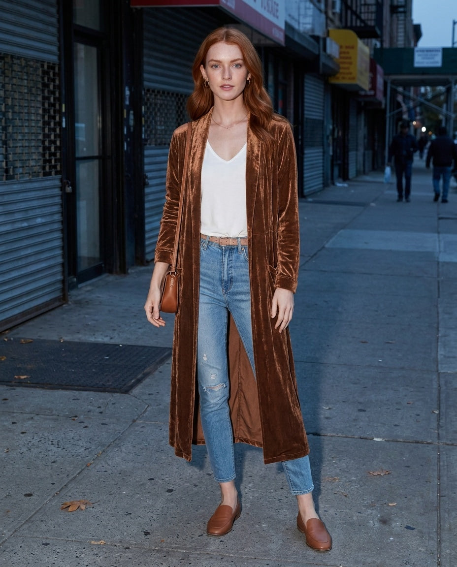 Azélina Beaufort | Open Front Shawl Collar Longline Duster Coat