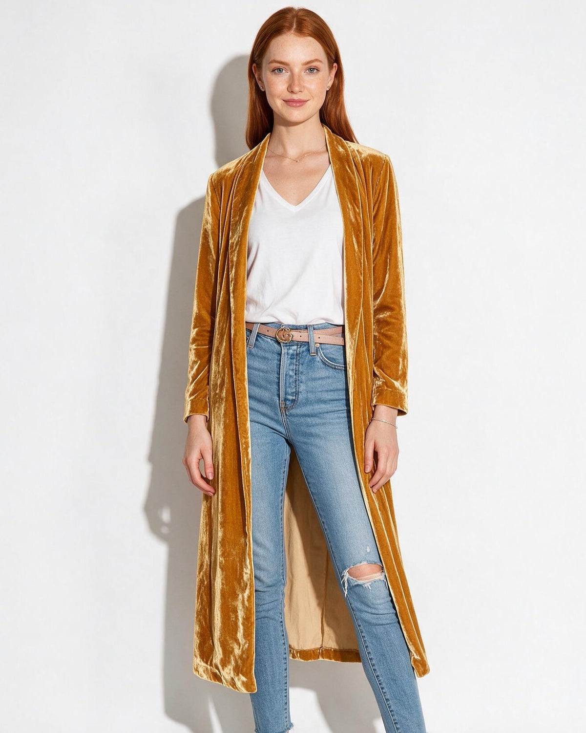 Azélina Beaufort | Open Front Shawl Collar Longline Duster Coat