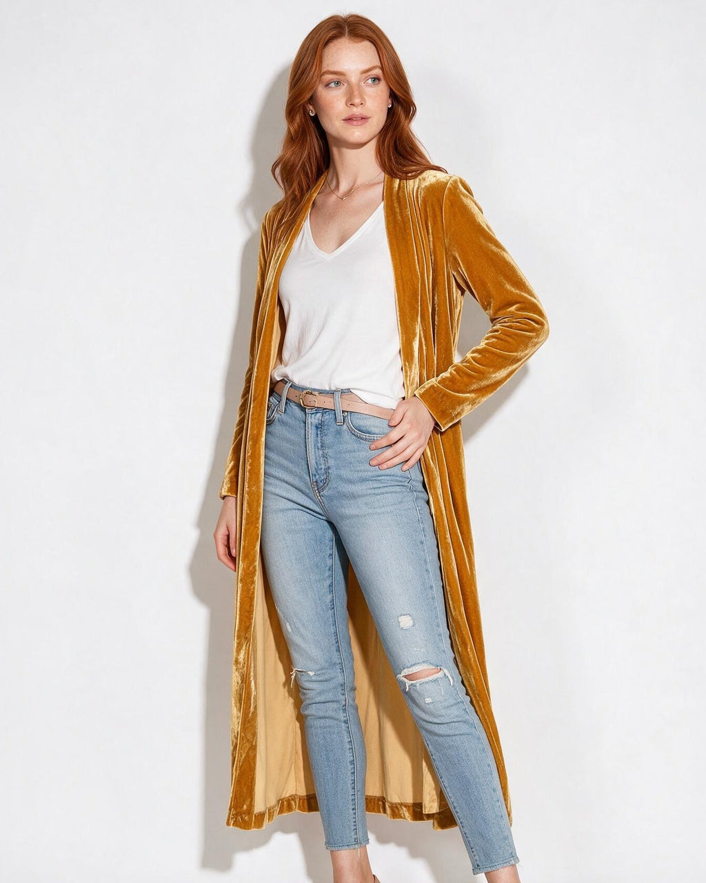 Azélina Beaufort | Open Front Shawl Collar Longline Duster Coat