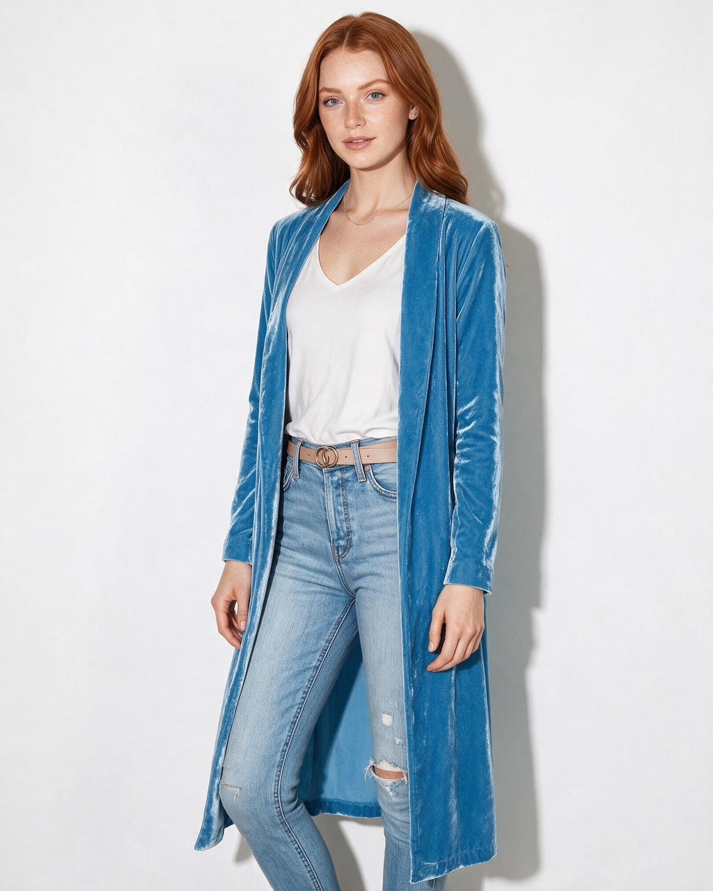 Azélina Beaufort | Open Front Shawl Collar Longline Duster Coat