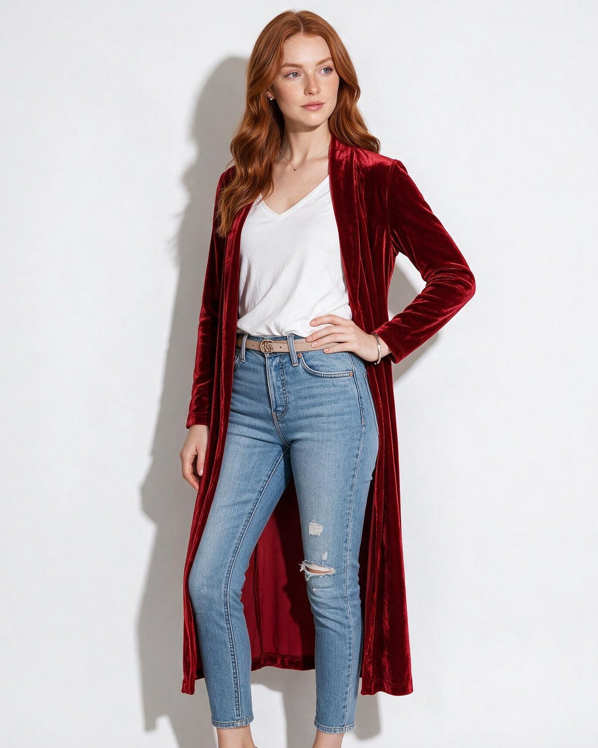 Azélina Beaufort | Open Front Shawl Collar Longline Duster Coat