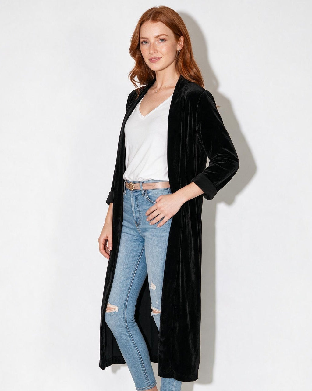 Azélina Beaufort | Open Front Shawl Collar Longline Duster Coat