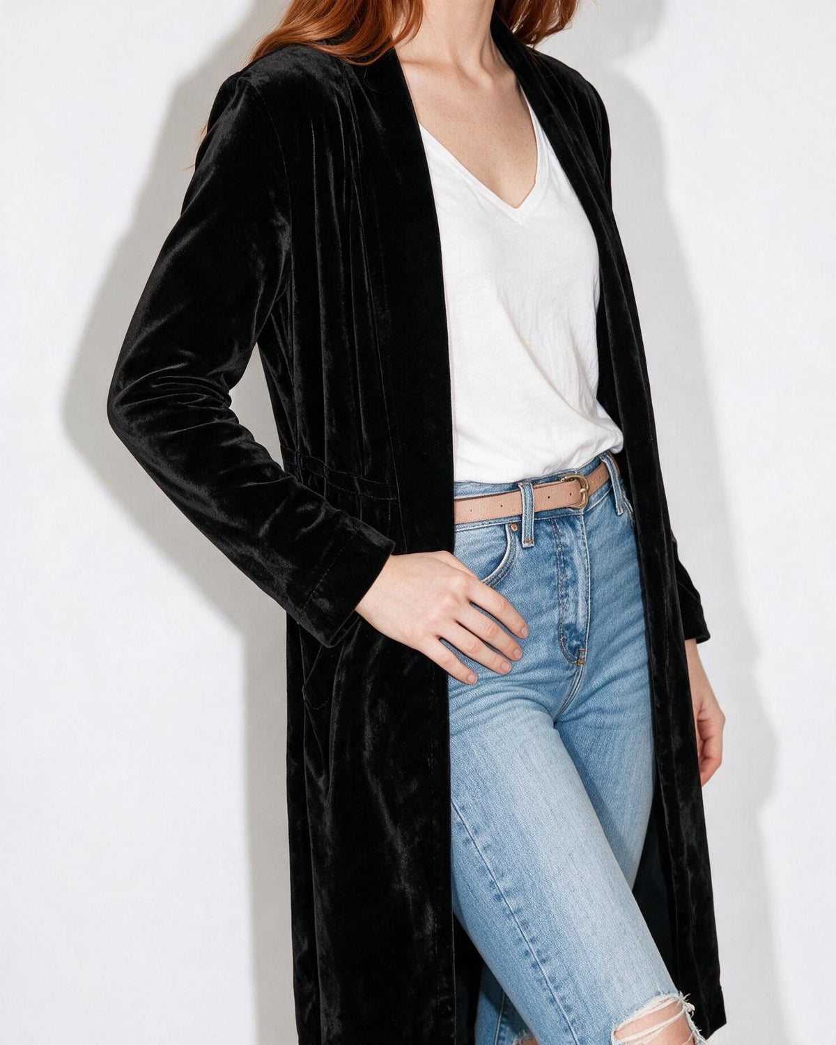 Azélina Beaufort | Open Front Shawl Collar Longline Duster Coat