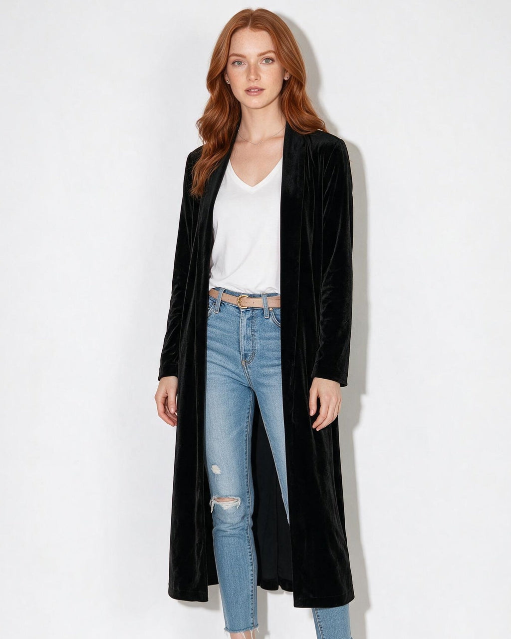Azélina Beaufort | Open Front Shawl Collar Longline Duster Coat