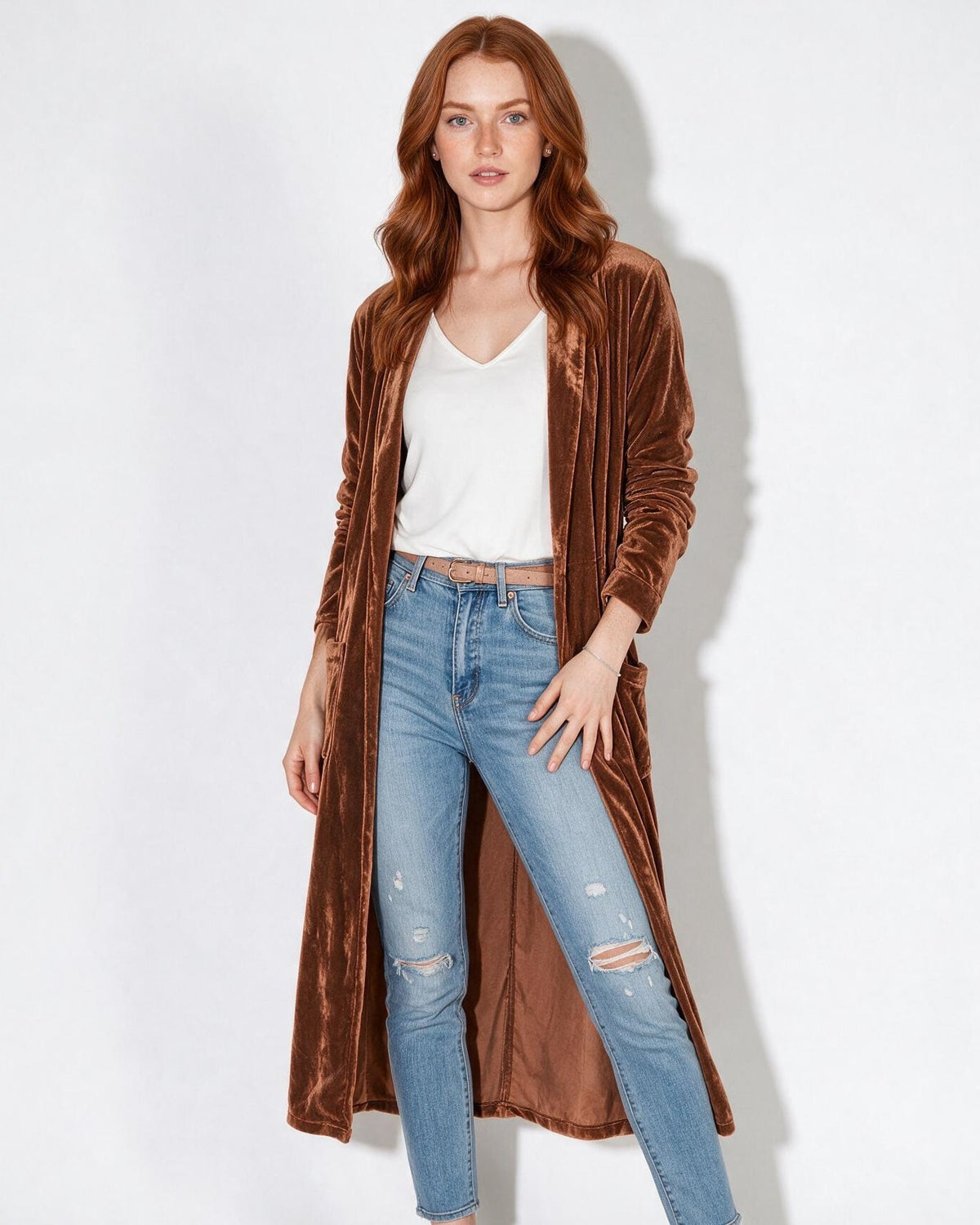 Azélina Beaufort | Open Front Shawl Collar Longline Duster Coat