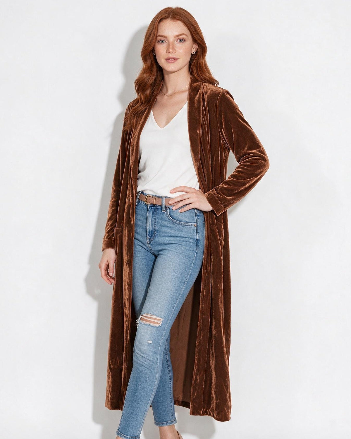 Azélina Beaufort | Open Front Shawl Collar Longline Duster Coat