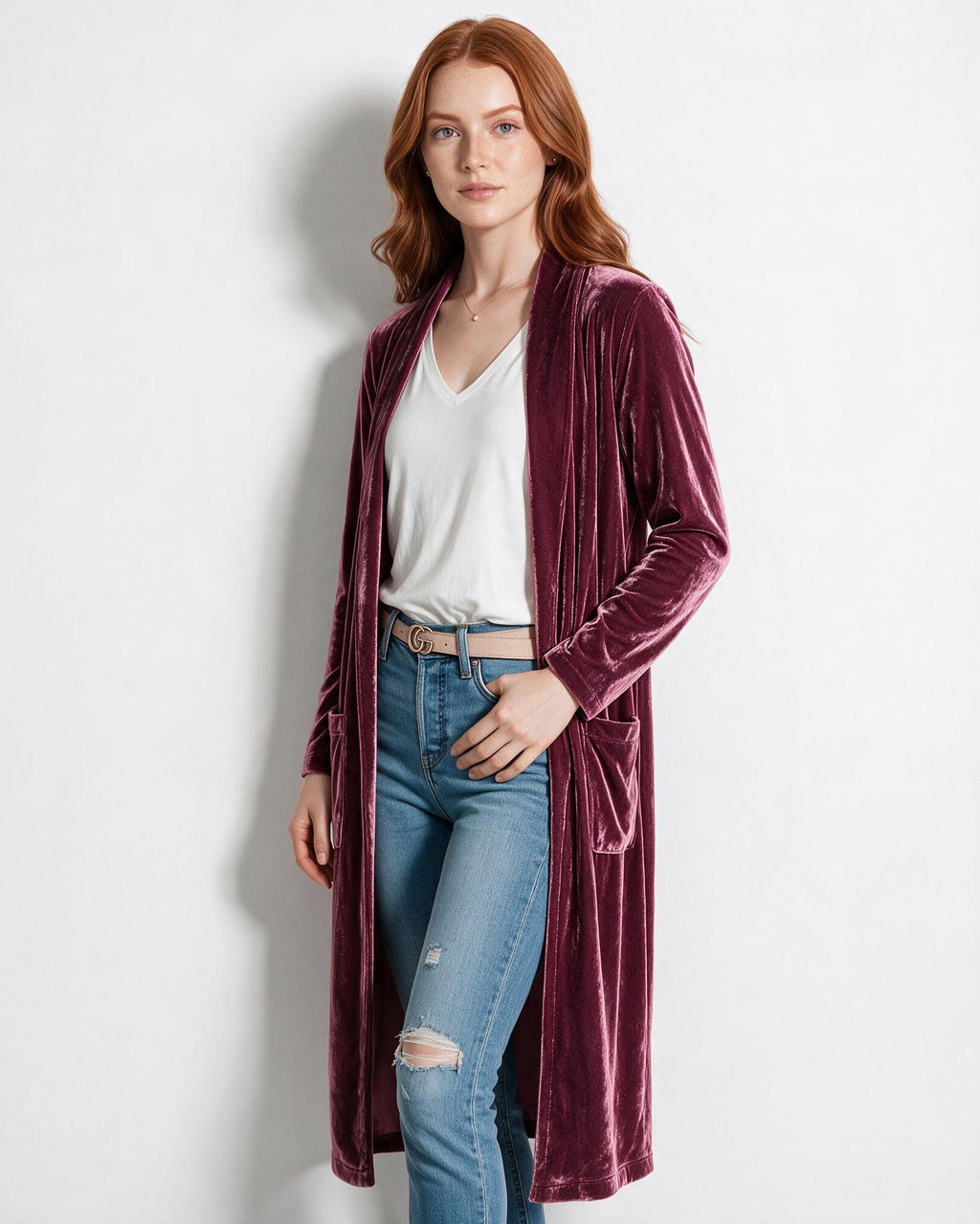 Azélina Beaufort | Open Front Shawl Collar Longline Duster Coat