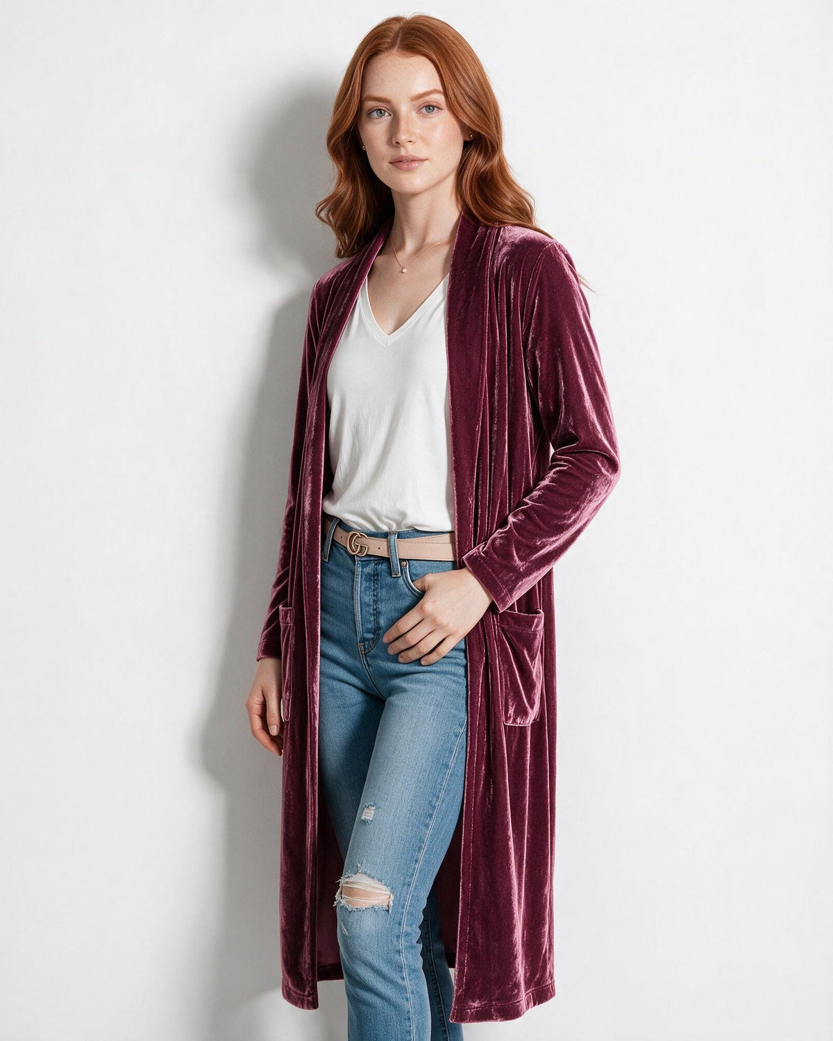 Azélina Beaufort | Open Front Shawl Collar Longline Duster Coat