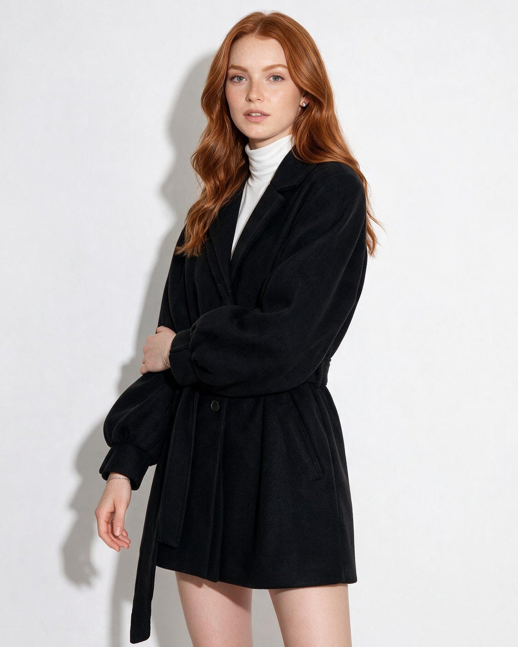 Arielle Montaigu | Belted Balloon-Sleeve Swing Coat
