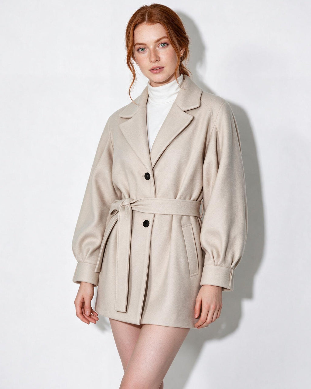 Arielle Montaigu | Belted Balloon-Sleeve Swing Coat