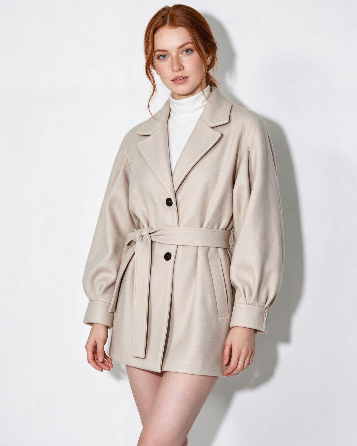 Arielle Montaigu | Belted Balloon-Sleeve Swing Coat