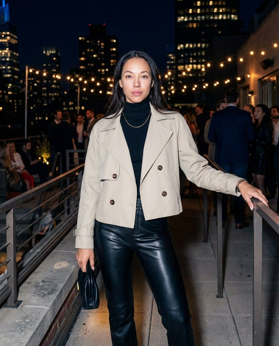 Candice Montferrat | Notch-Collar Double-Breasted Cropped Trench Jacket