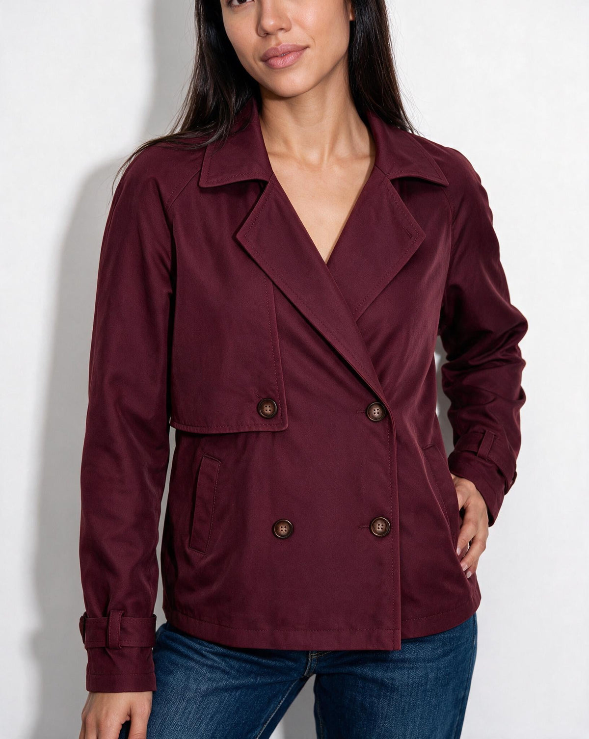 Candice Montferrat | Notch-Collar Double-Breasted Cropped Trench Jacket