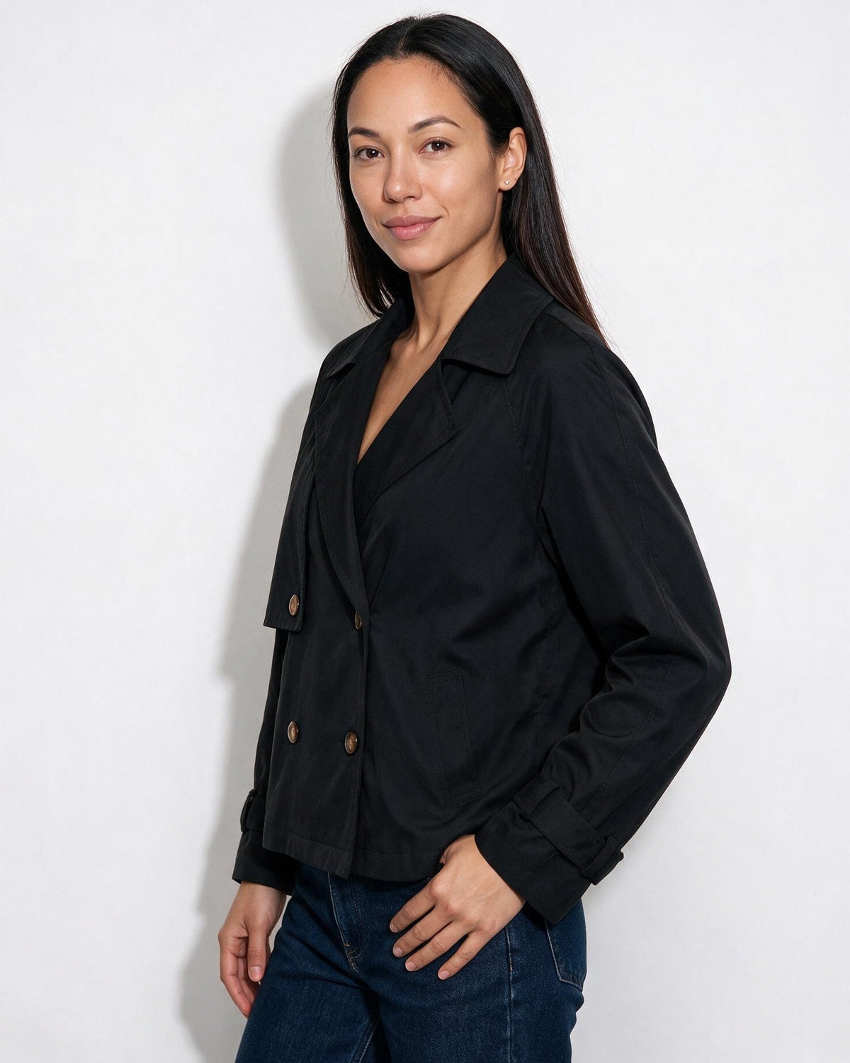 Candice Montferrat | Notch-Collar Double-Breasted Cropped Trench Jacket