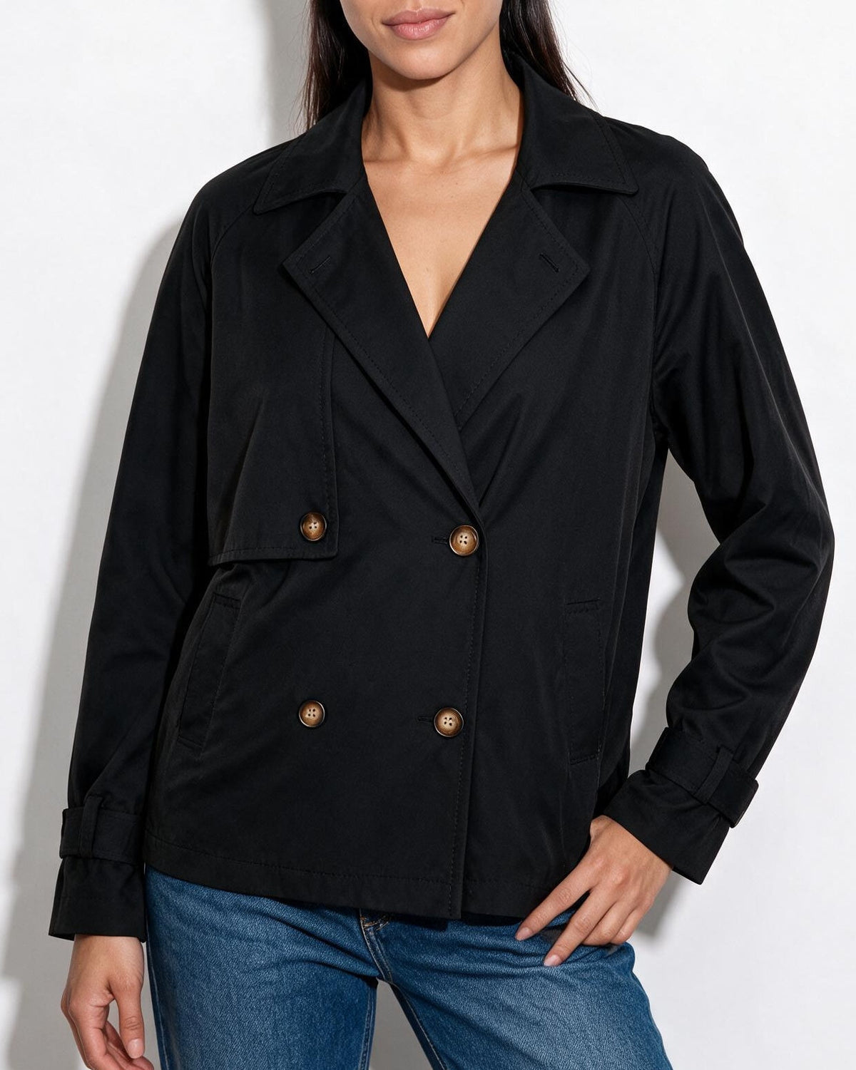 Candice Montferrat | Notch-Collar Double-Breasted Cropped Trench Jacket
