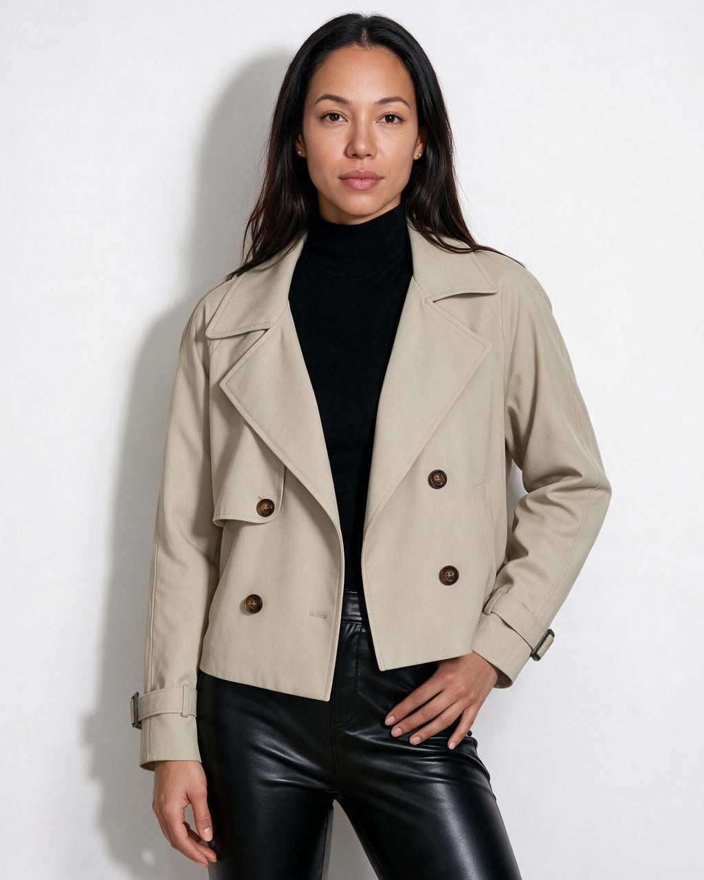Candice Montferrat | Notch-Collar Double-Breasted Cropped Trench Jacket