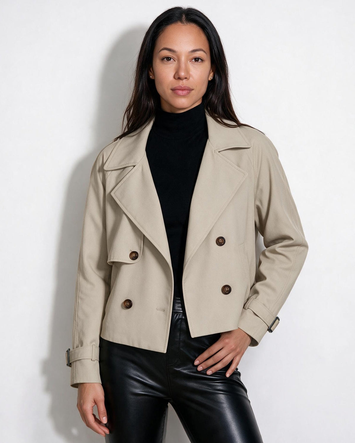 Candice Montferrat | Notch-Collar Double-Breasted Cropped Trench Jacket