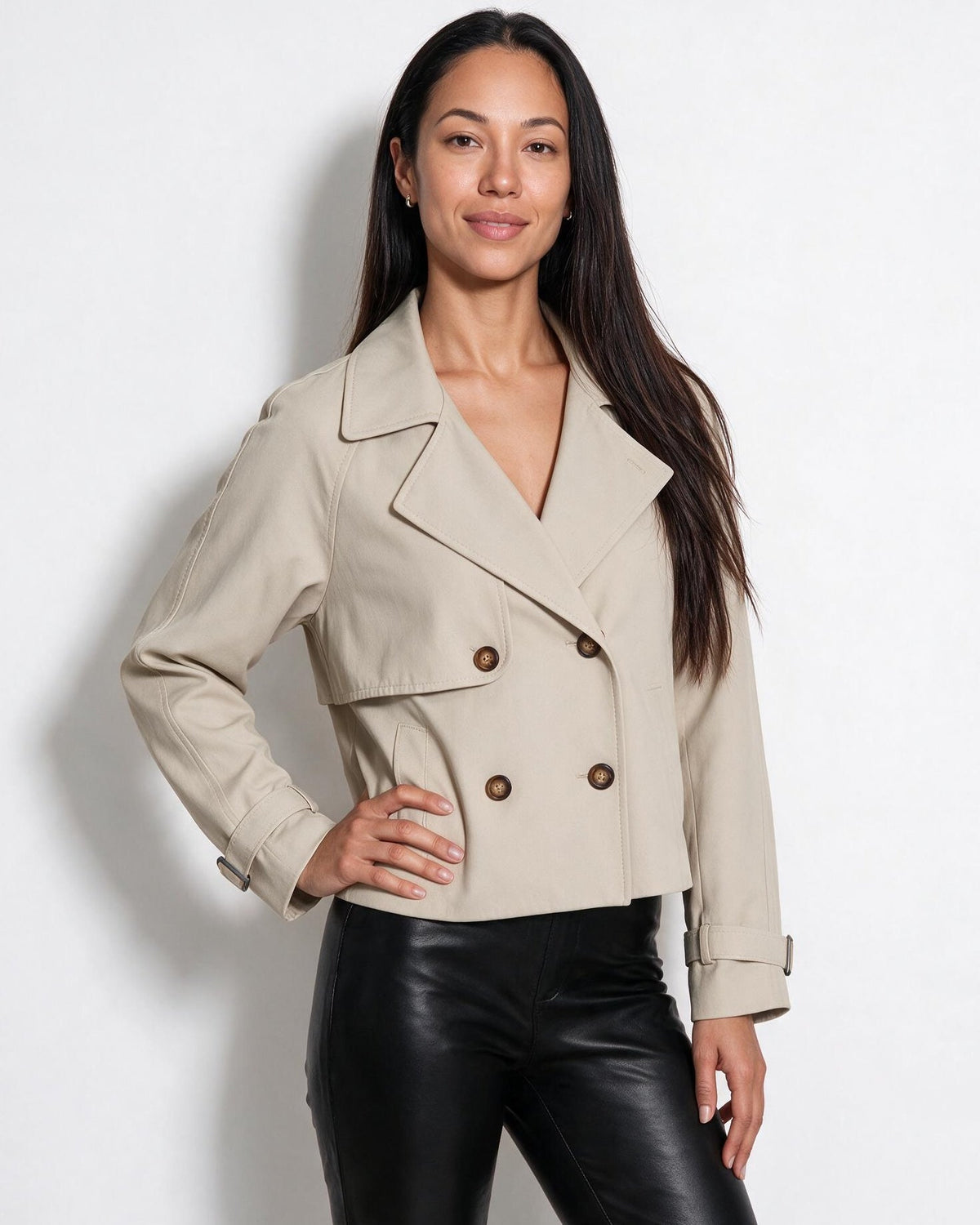 Candice Montferrat | Notch-Collar Double-Breasted Cropped Trench Jacket