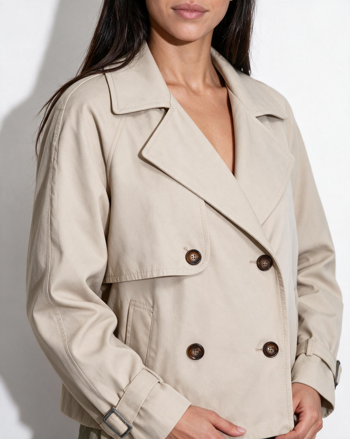 Candice Montferrat | Notch-Collar Double-Breasted Cropped Trench Jacket