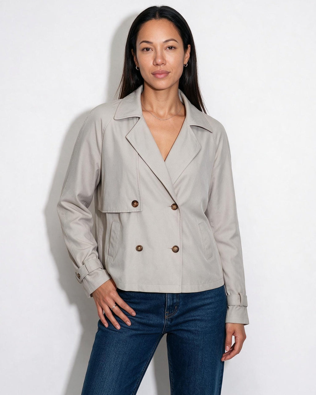 Candice Montferrat | Notch-Collar Double-Breasted Cropped Trench Jacket