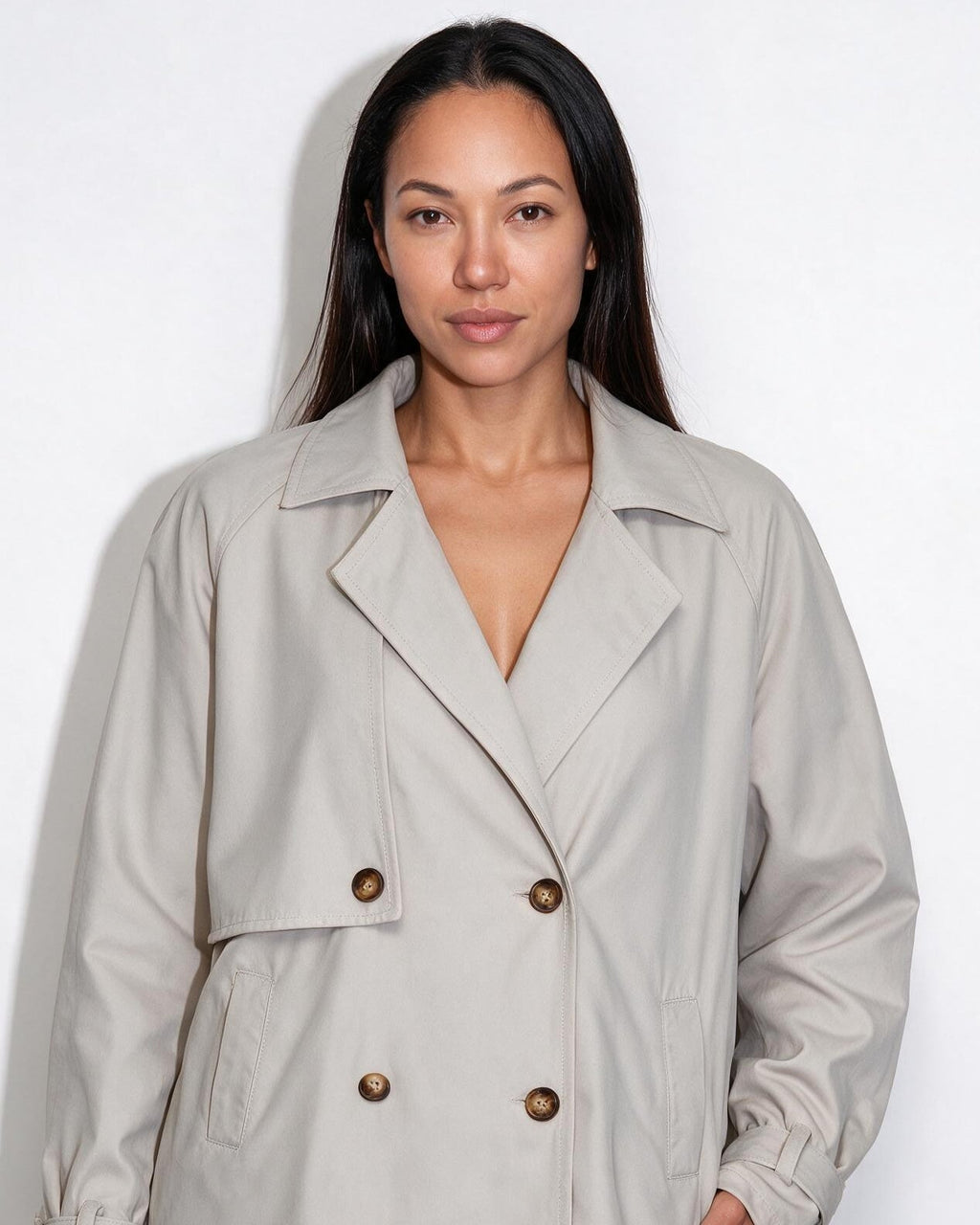 Candice Montferrat | Notch-Collar Double-Breasted Cropped Trench Jacket
