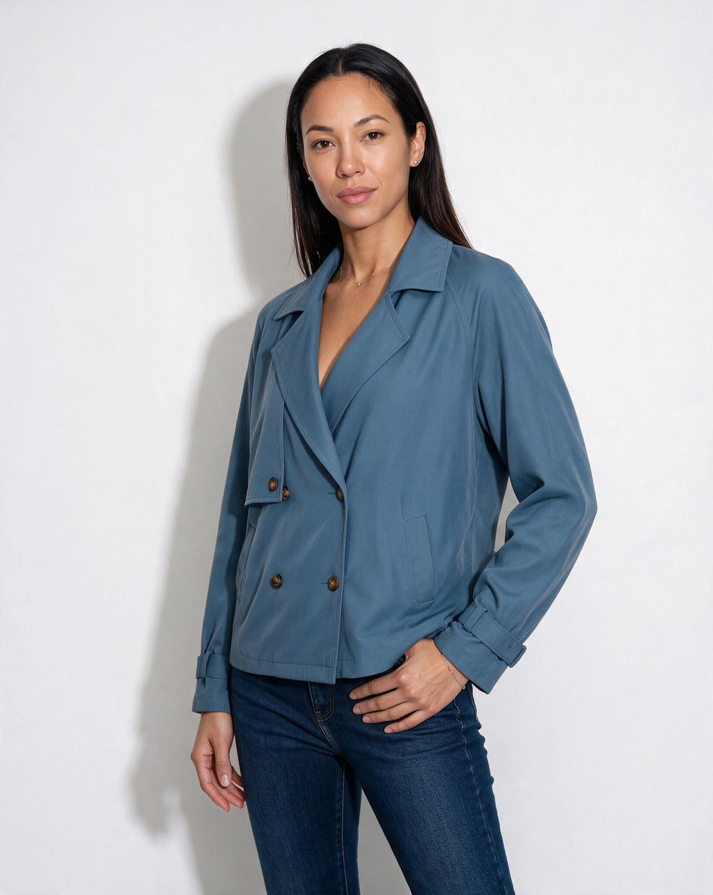 Candice Montferrat | Notch-Collar Double-Breasted Cropped Trench Jacket