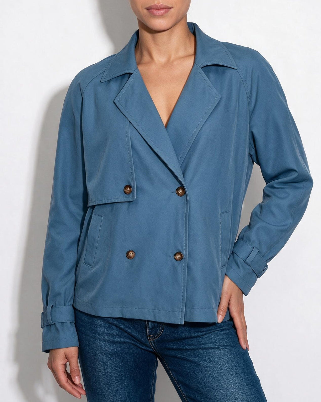 Candice Montferrat | Notch-Collar Double-Breasted Cropped Trench Jacket