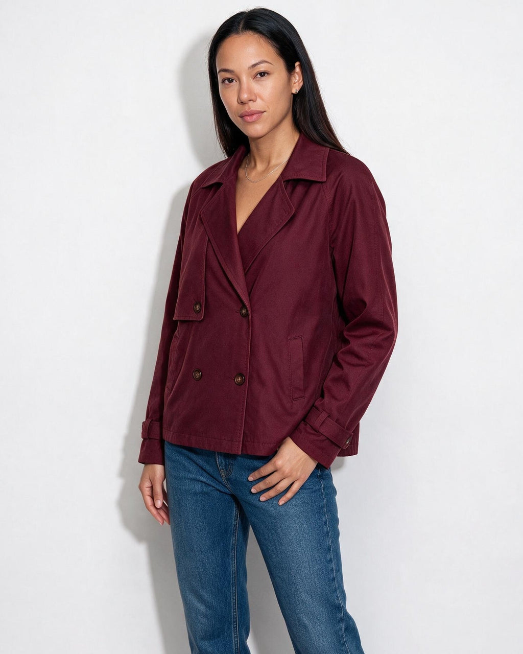 Candice Montferrat | Notch-Collar Double-Breasted Cropped Trench Jacket