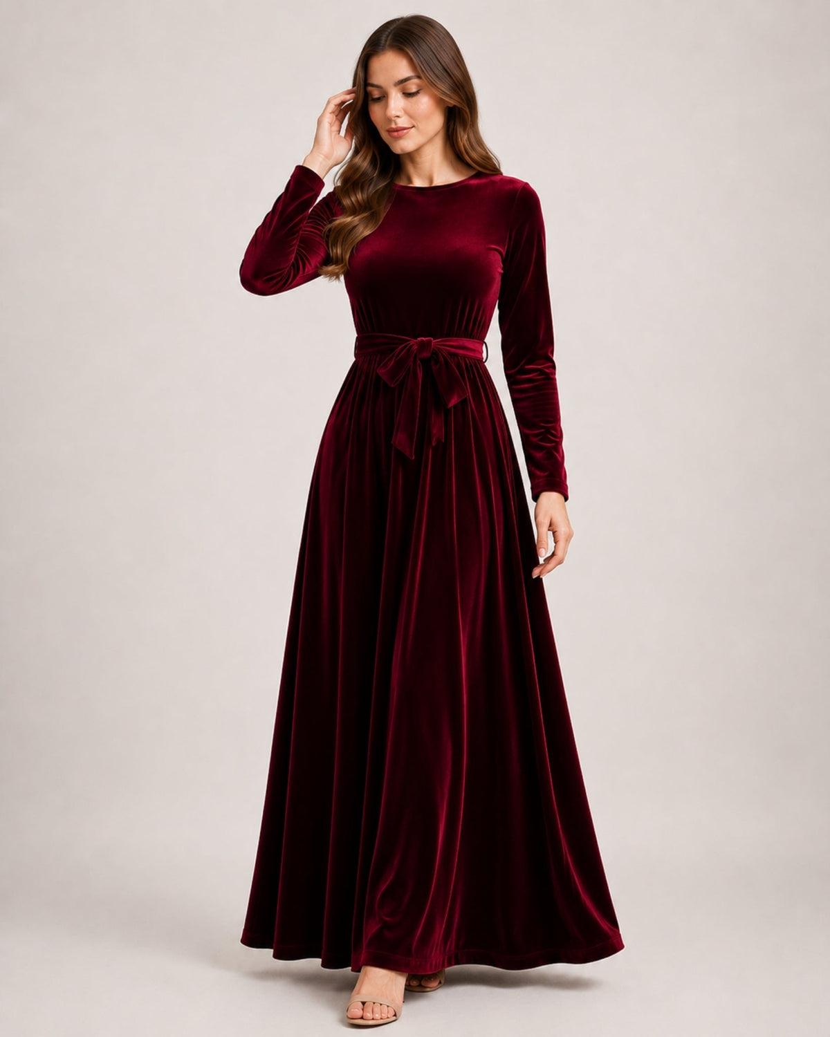 Marcella Varenza | Women's Velvet Maxi Dress Long Sleeve Belted Style