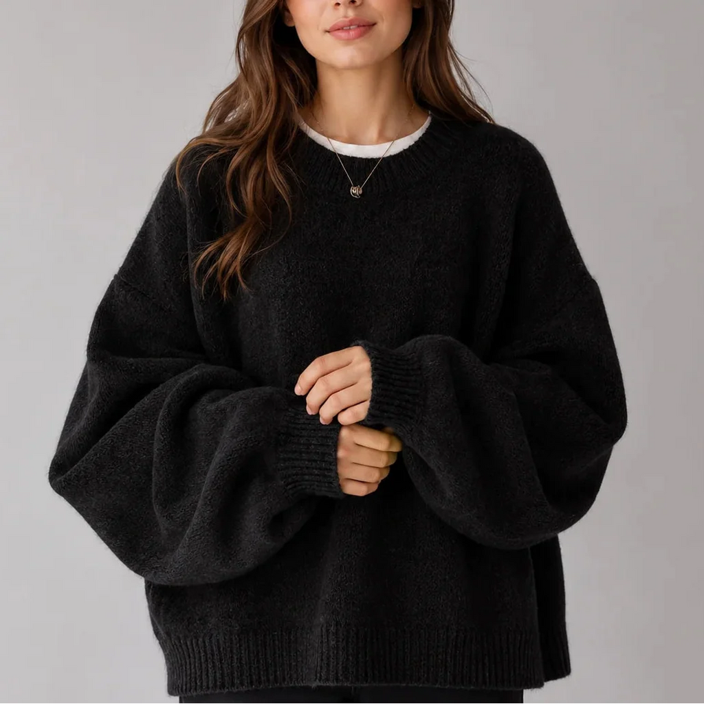 Suzie Rennes | Women’s Oversized Knit Jumper – Crew Neck Sweater with Balloon Sleeves