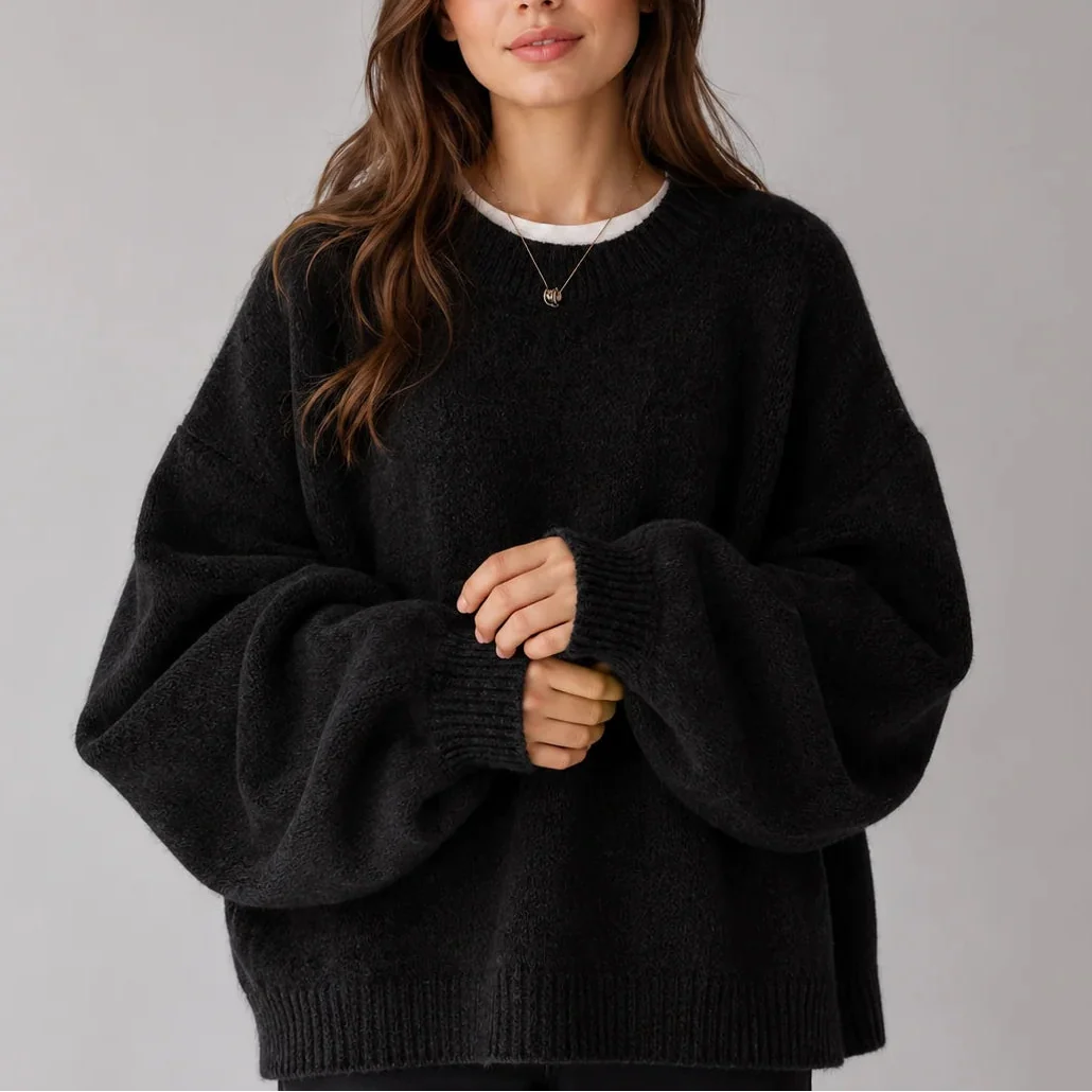 Suzie Rennes | Women’s Oversized Knit Jumper – Crew Neck Sweater with Balloon Sleeves