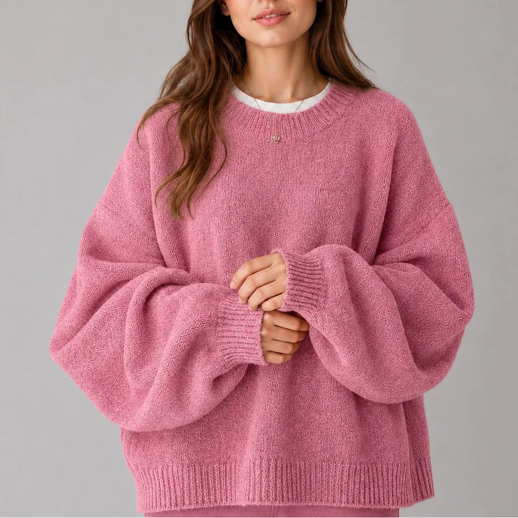 Suzie Rennes | Women’s Oversized Knit Jumper – Crew Neck Sweater with Balloon Sleeves