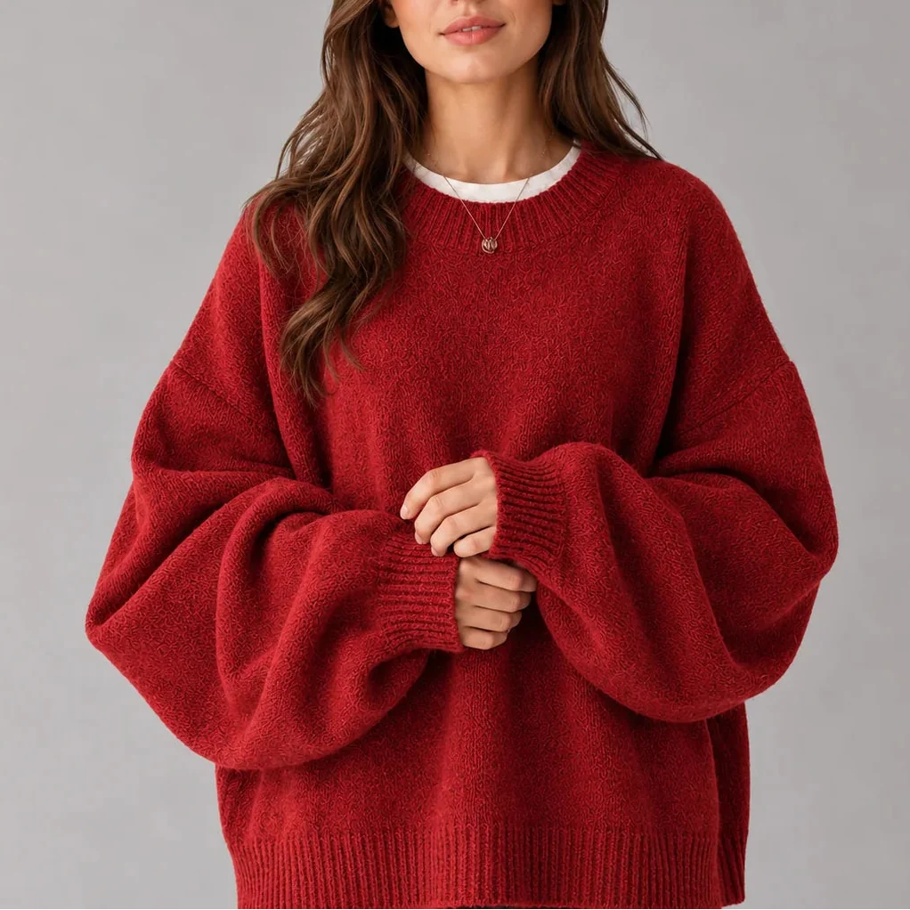 Suzie Rennes | Women’s Oversized Knit Jumper – Crew Neck Sweater with Balloon Sleeves