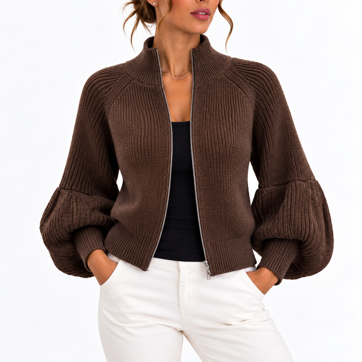 Naëlle Angers | Women’s Cropped Knit Cardigan with Puff Sleeves and High Collar