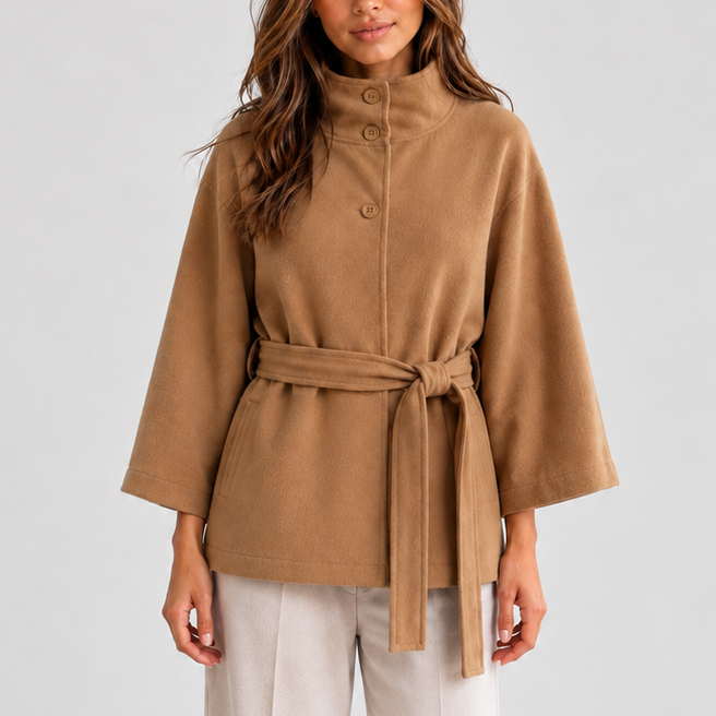 Pia Savoie | Women’s Belted Cape Jacket with Stand Collar