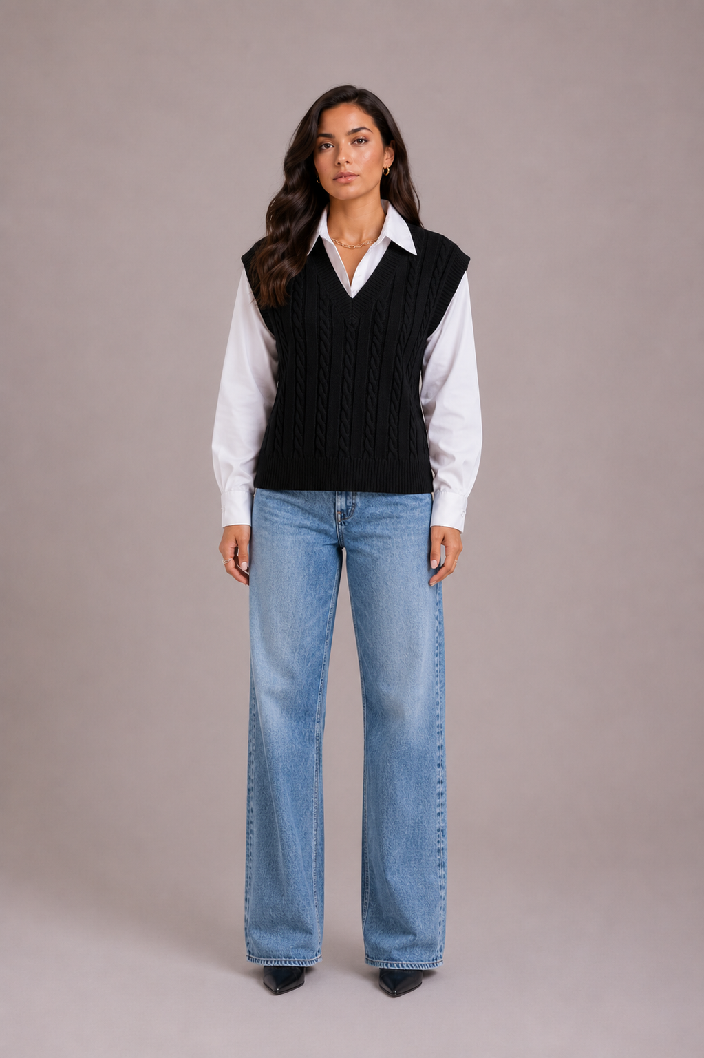 Emma Dupont | Women's Black V Neck Cable Knit Sweater Vest Top