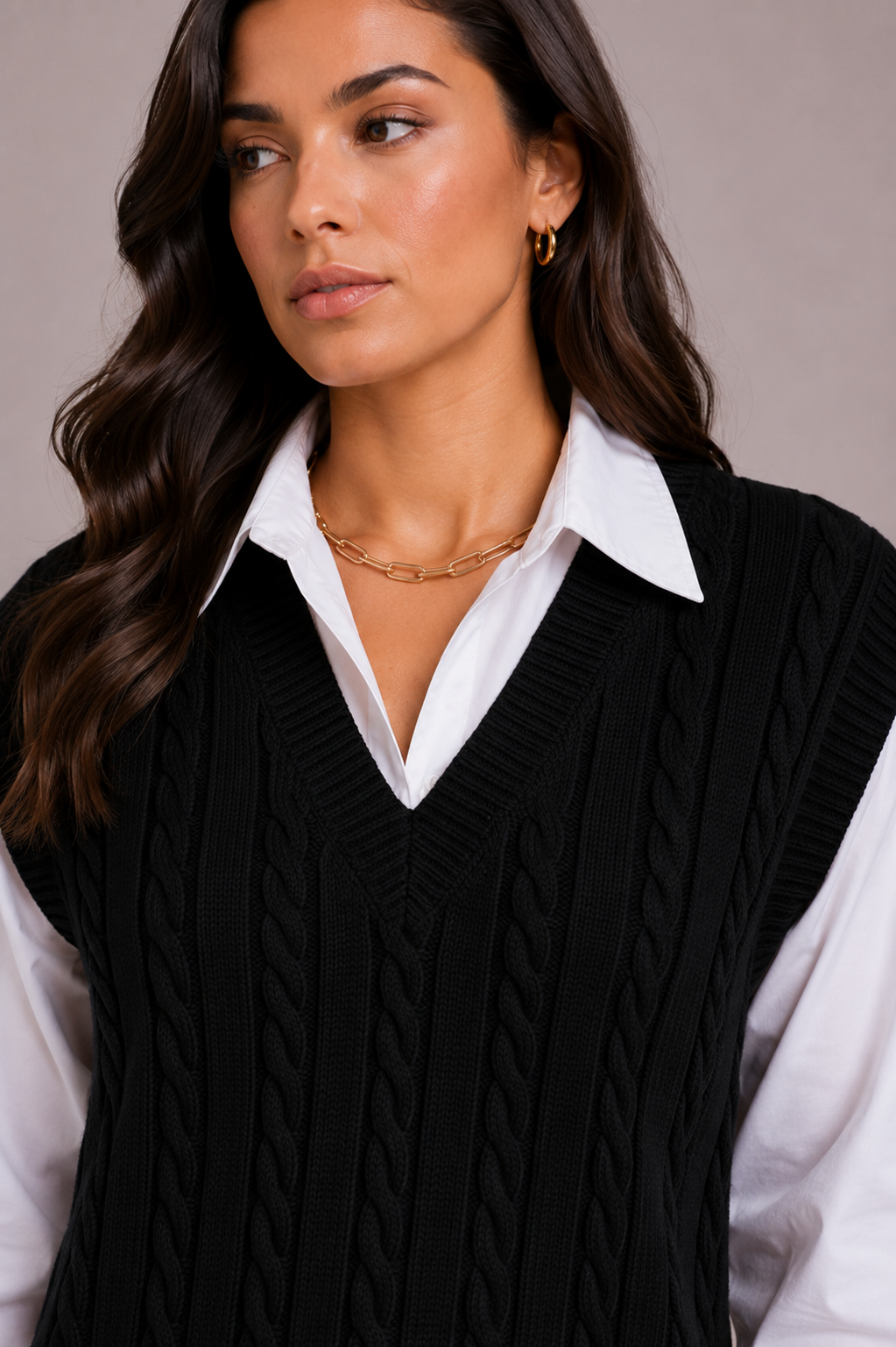 Emma Dupont | Women's Black V Neck Cable Knit Sweater Vest Top